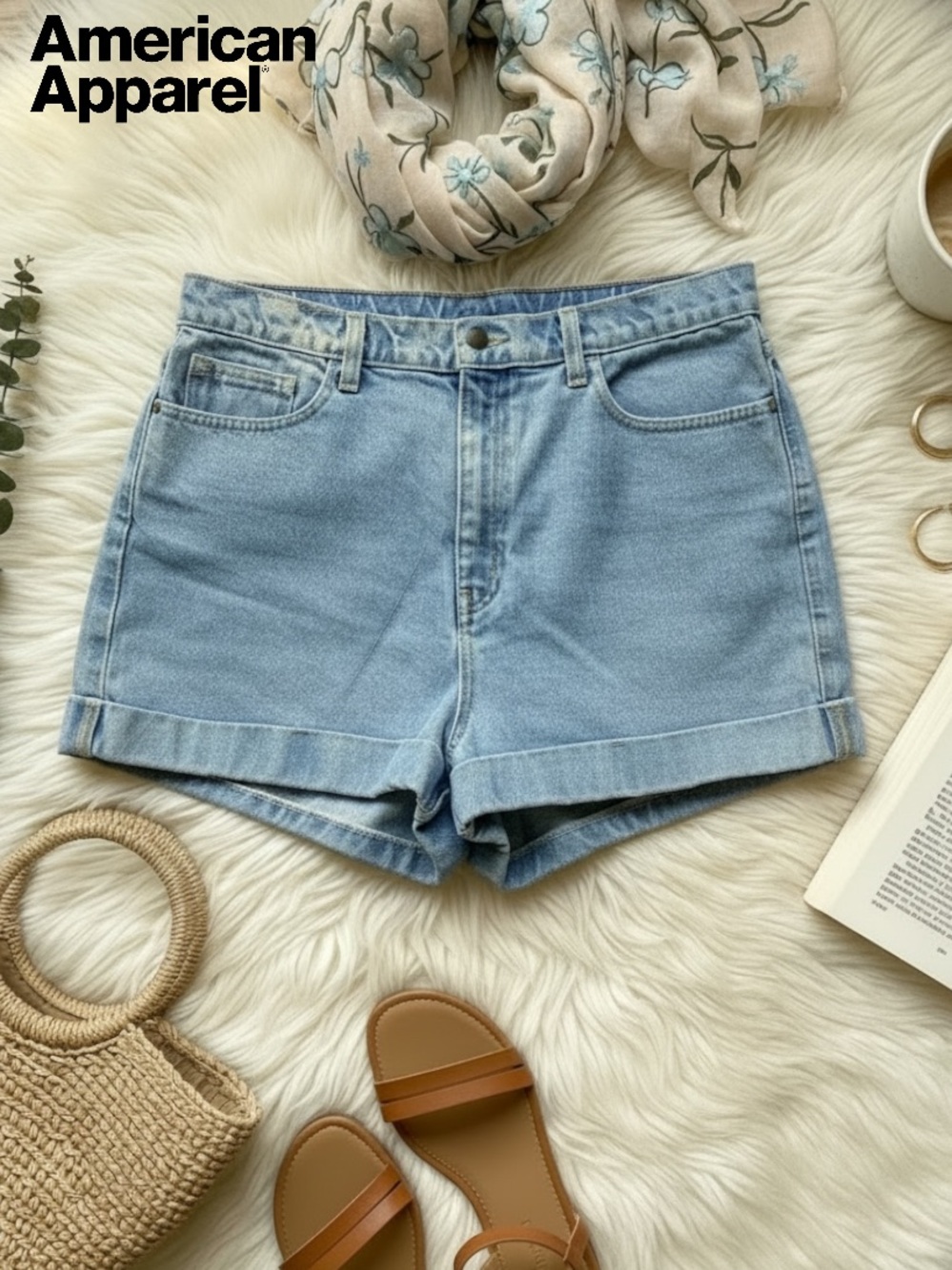 American Apparel Denim Shorts High Waisted Cuff Light Blue 2010s Era | Sz 32
